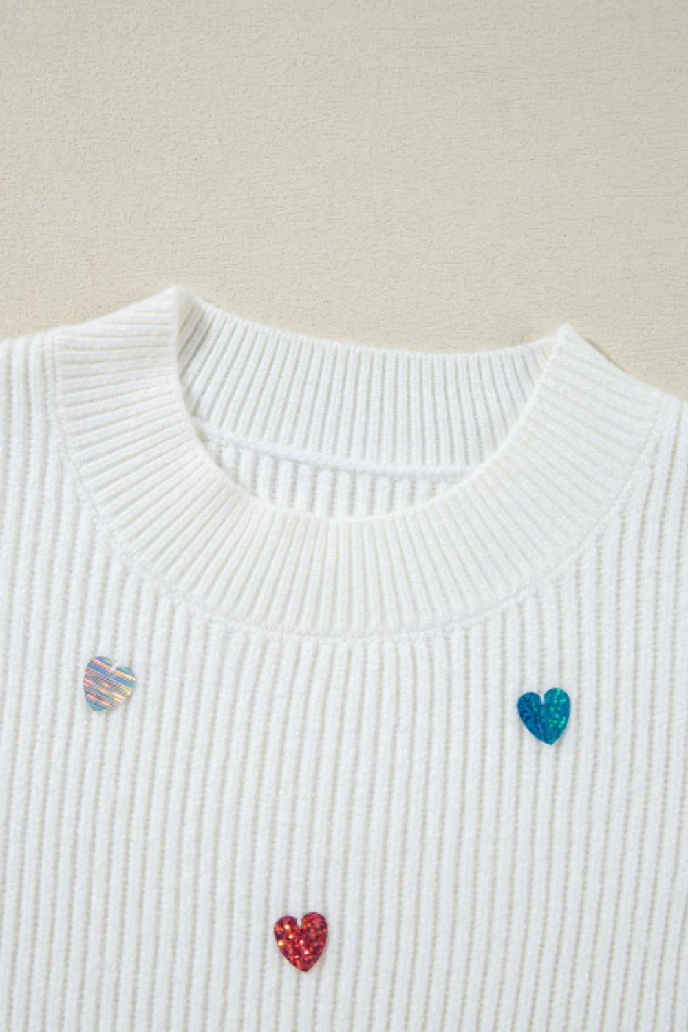 Heart Sequin Round Neck Long Sleeve Sweater - Charming Charlie