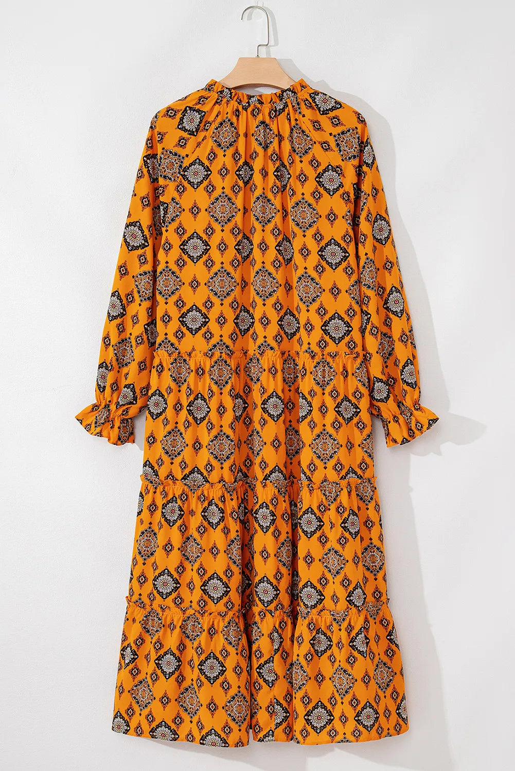 Frill Printed Tie Neck Long Sleeve Dress - Charming Charlie