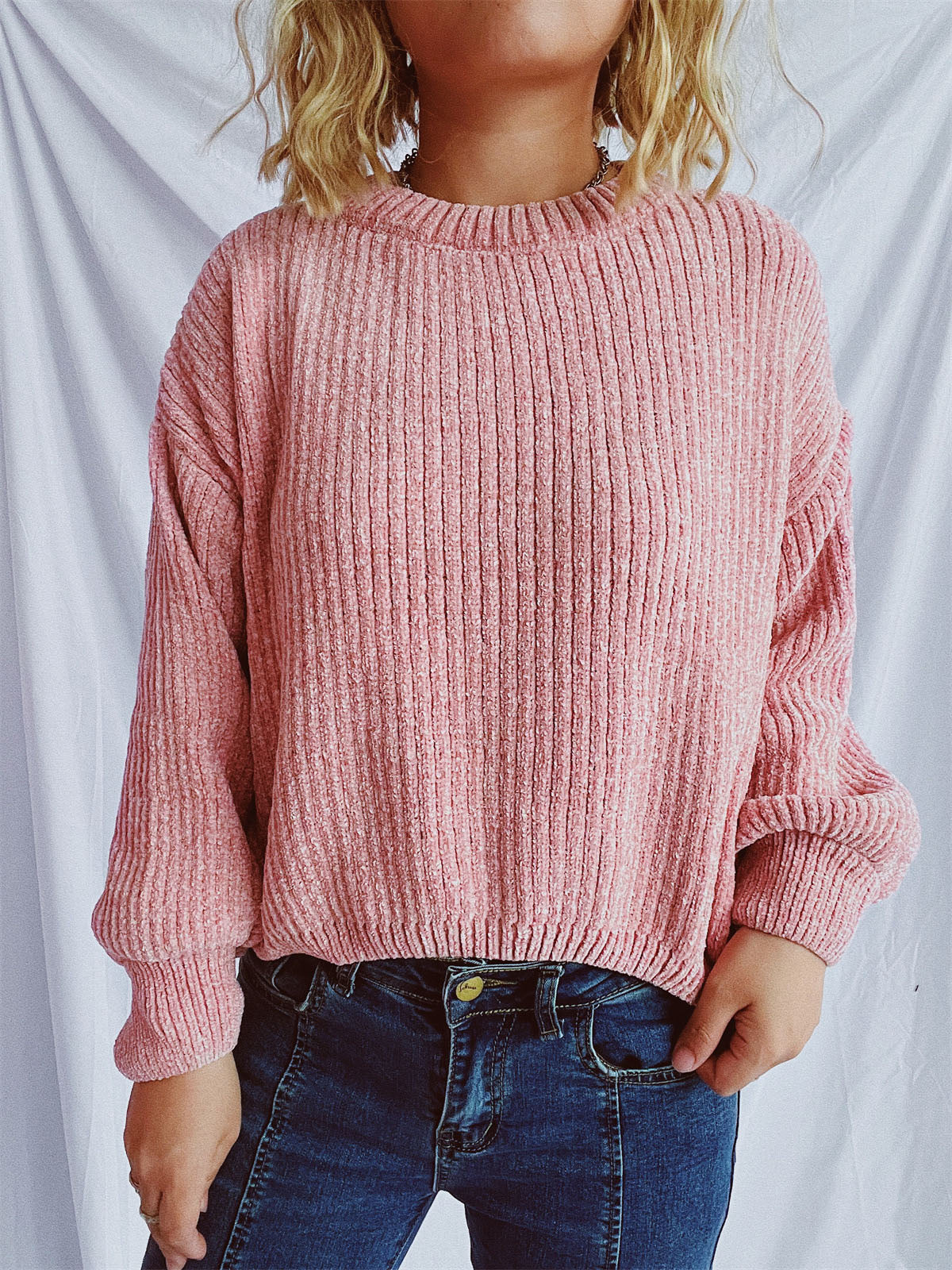 Round Neck Dropped Shoulder Long Sleeve Sweater - Charming Charlie
