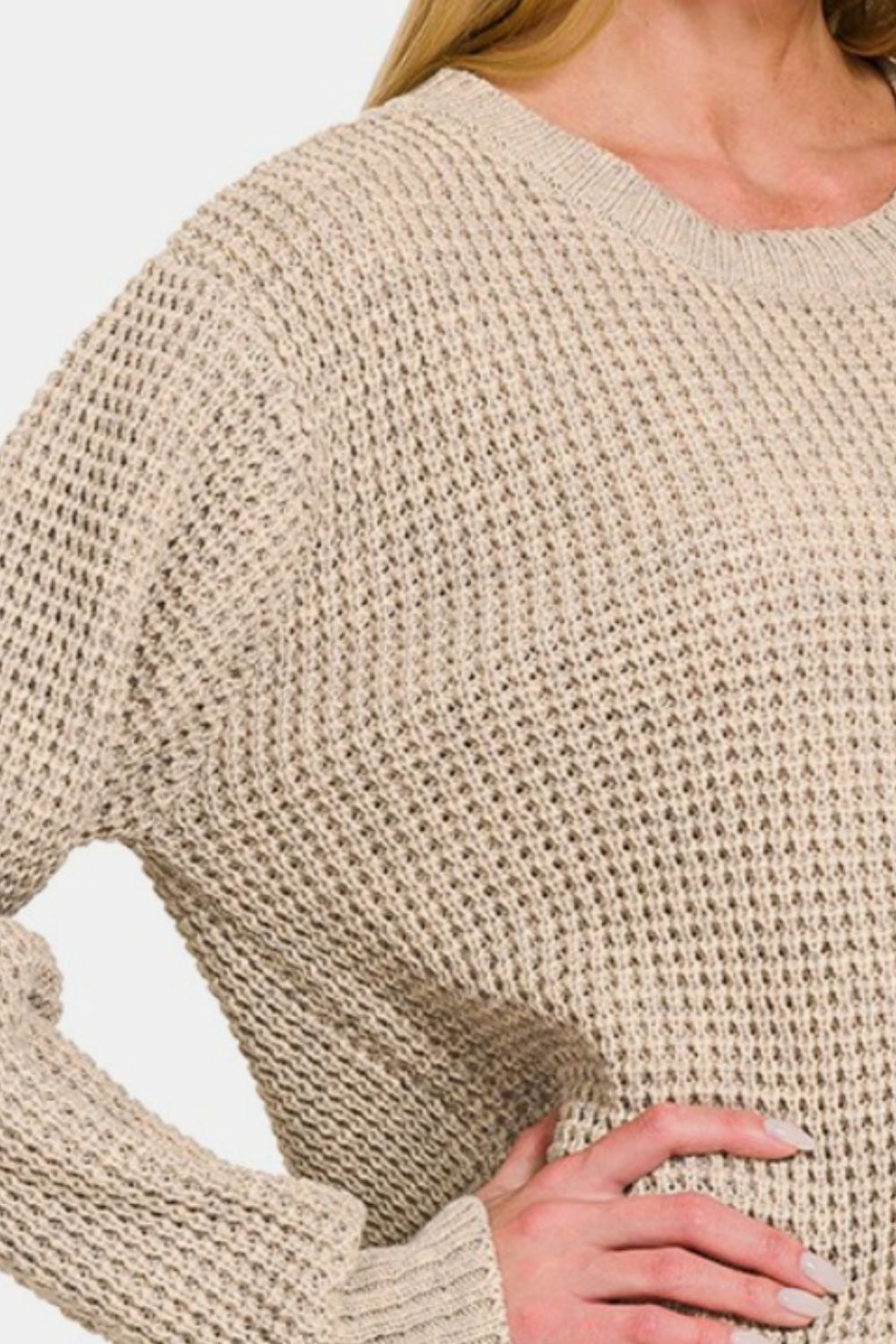 Zenana High Low Long Sleeve Waffle Sweater - Charming Charlie