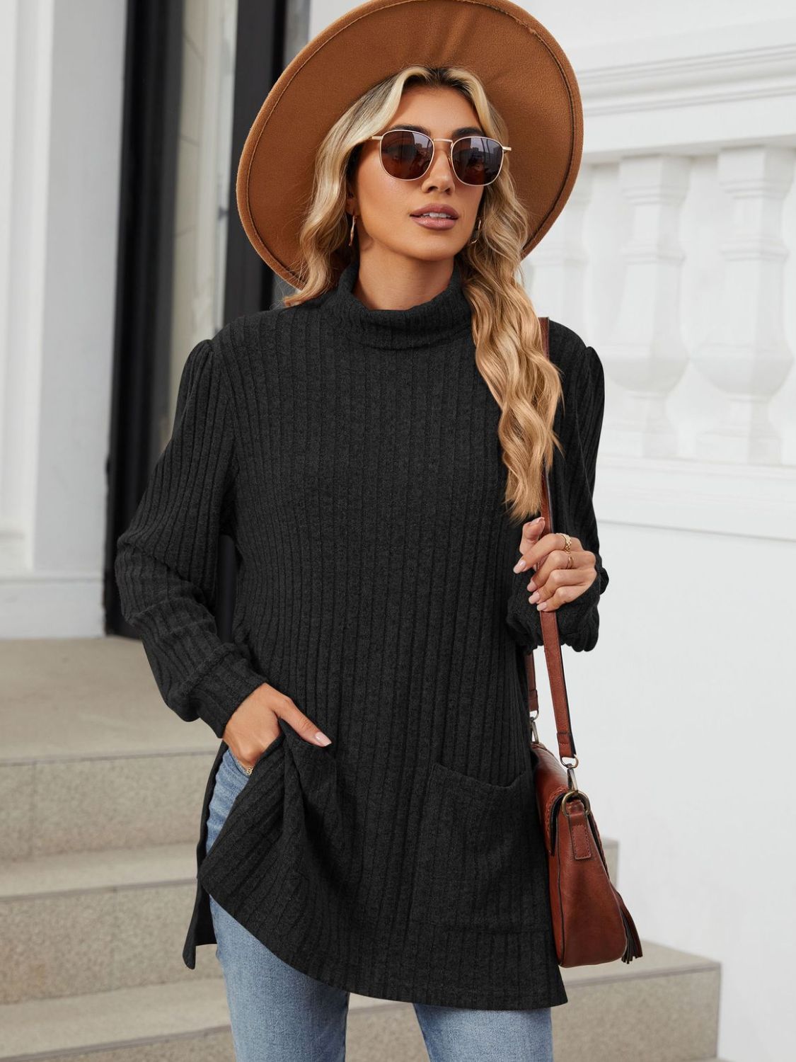Slit Mock Neck Long Sleeve T-Shirt - Charming Charlie