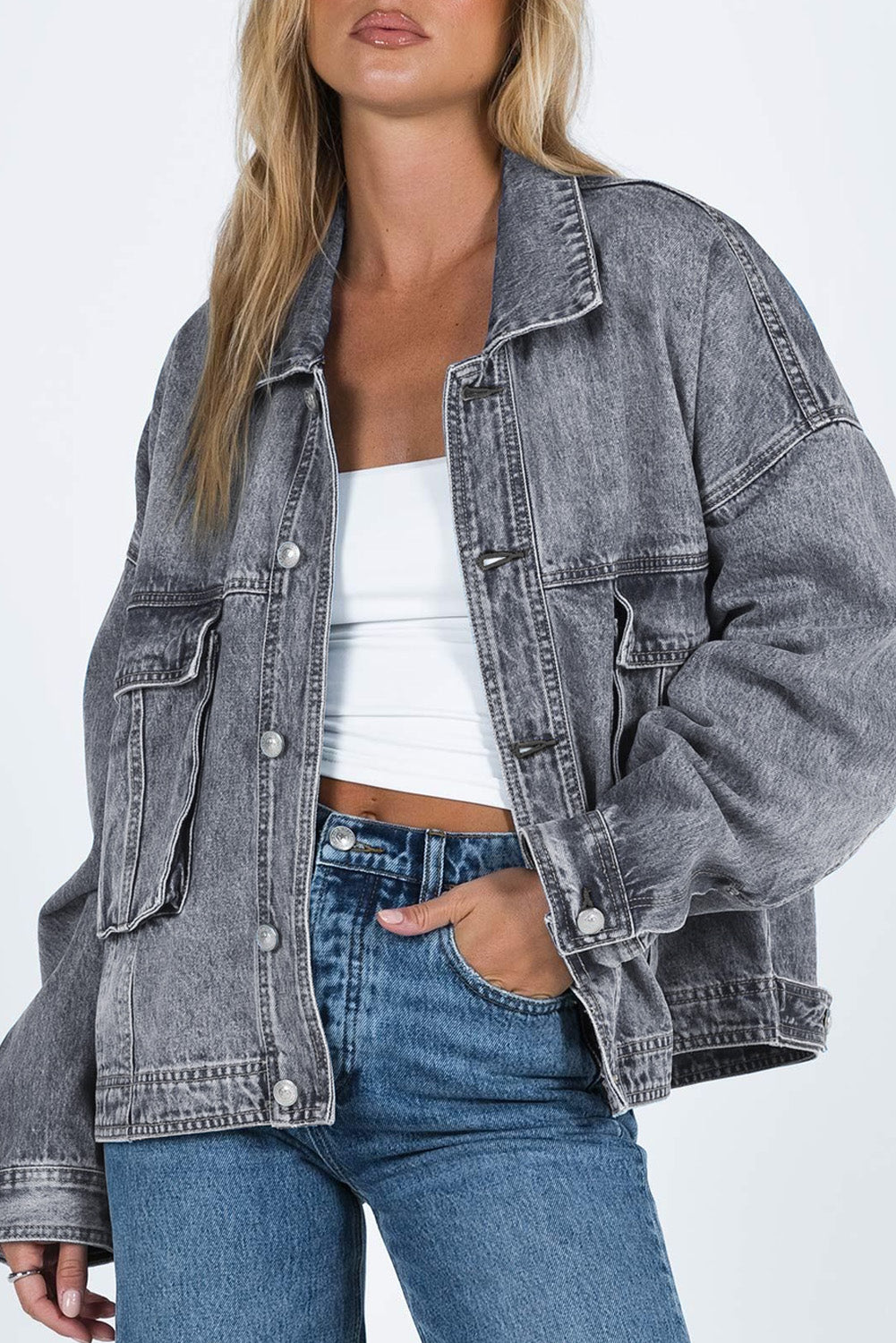 Collared Neck Button Up Denim Jacket - Charming Charlie