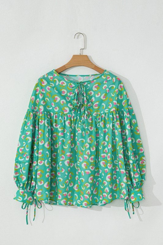 Printed Lace-up Lantern Sleeve Babydoll Blouse - Charming Charlie