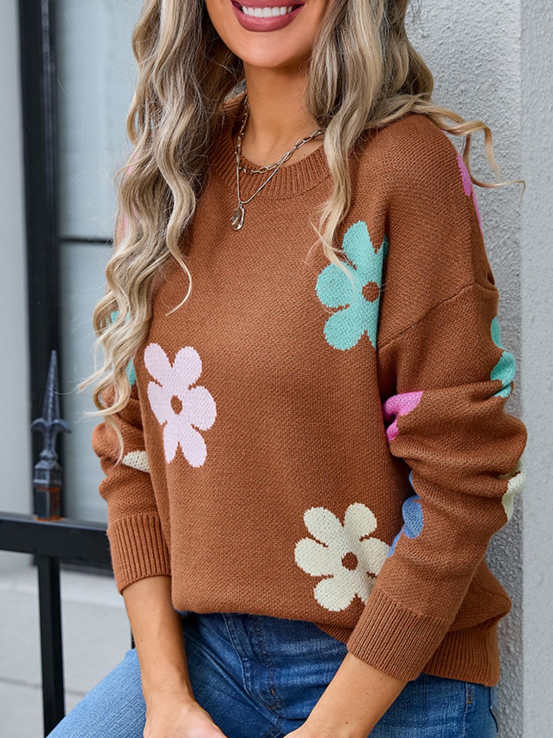 Flower Round Neck Long Sleeve Sweater - Charming Charlie