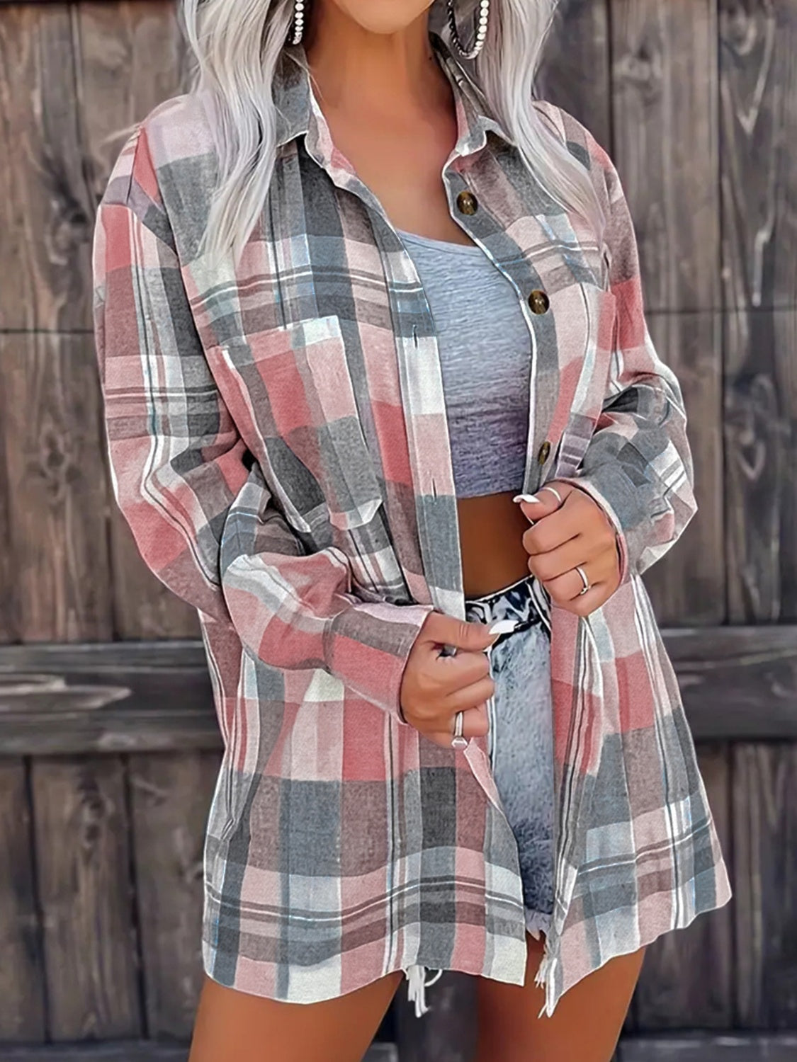 Pocketed Plaid Collared Neck Shacket - Charming Charlie