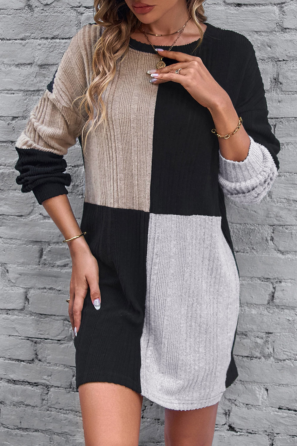 Color Block Drop Shoulder Long Sleeve Mini Dress - Charming Charlie