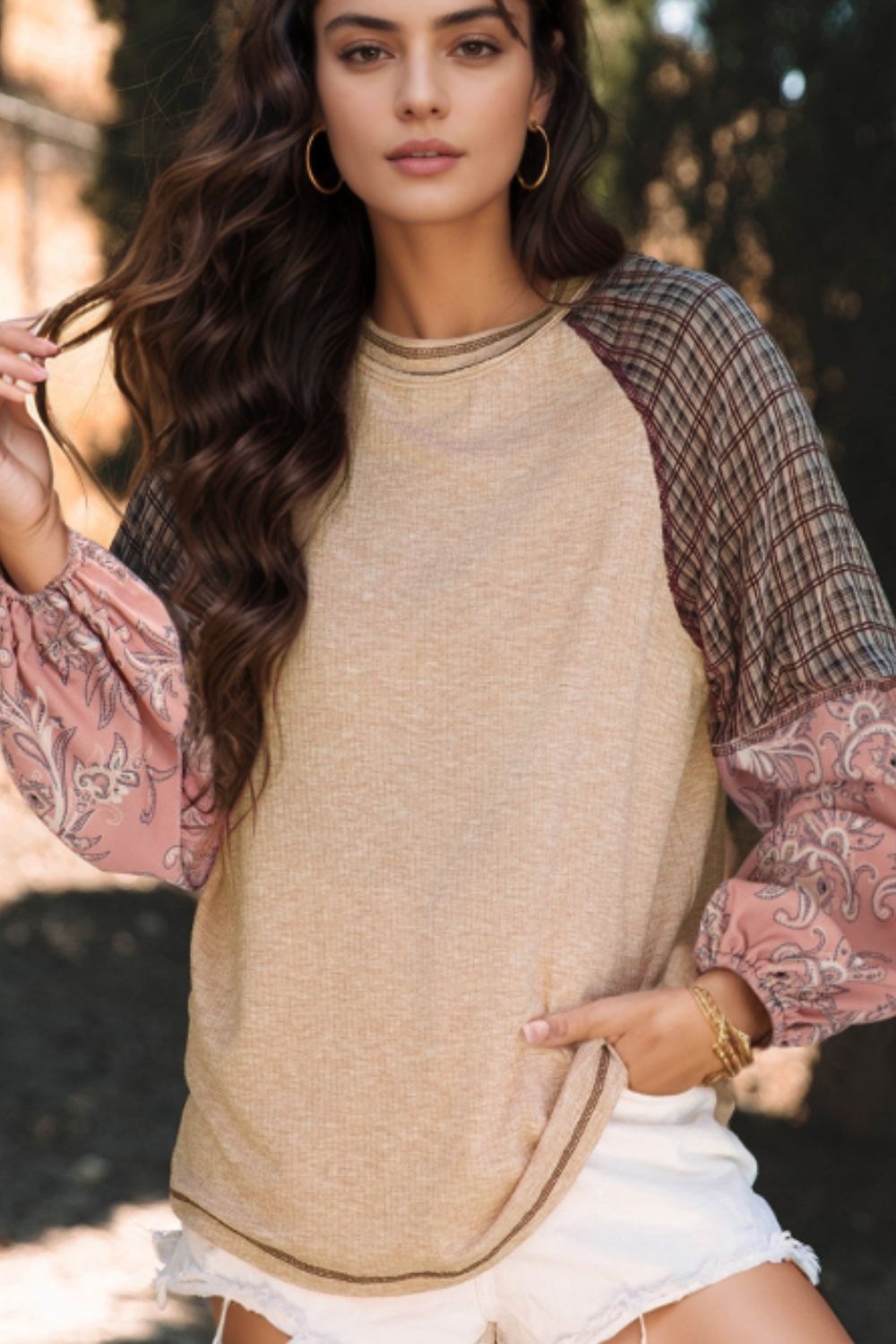 Plaid Floral Patchwork Round Neck Long Sleeve Top - Charming Charlie