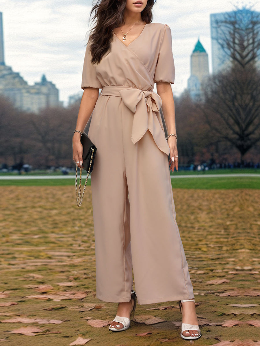 Tied Collared Neck Short Sleeve Jumpsuit