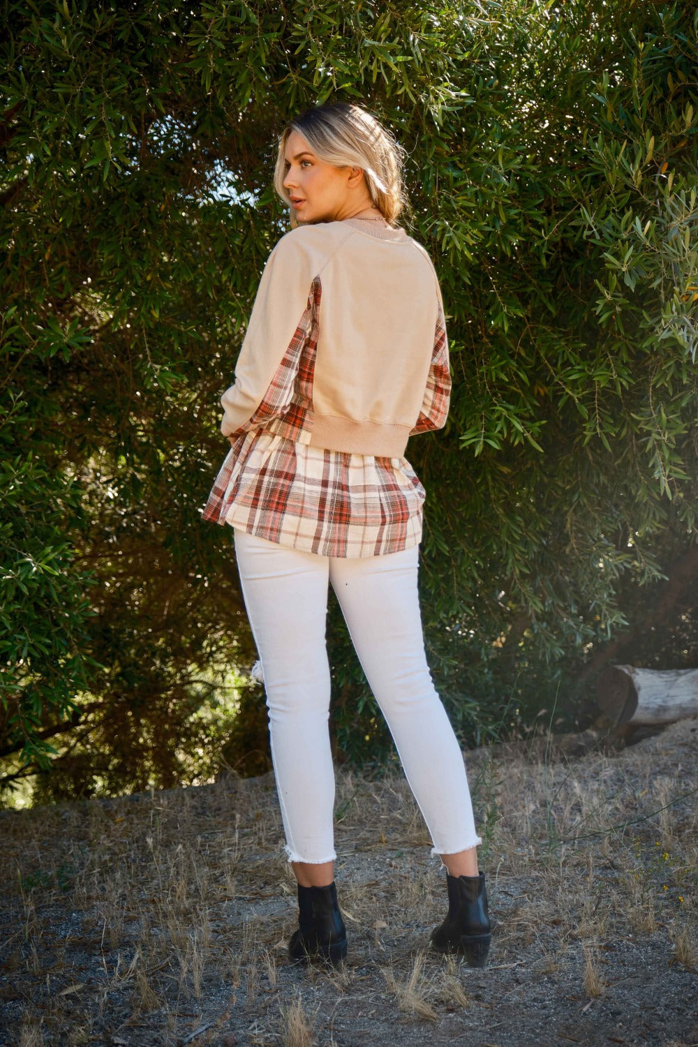 And The Why Full Size Double Layered Plaid Contrast Sweatshirt - Charming Charlie