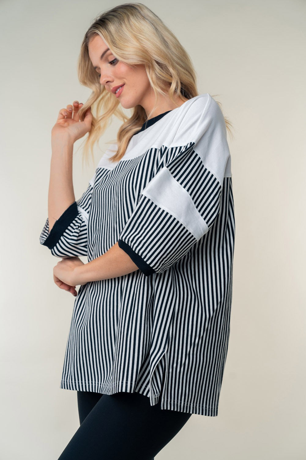 White Birch Full Size Striped Contrast Round Neck Top - Charming Charlie