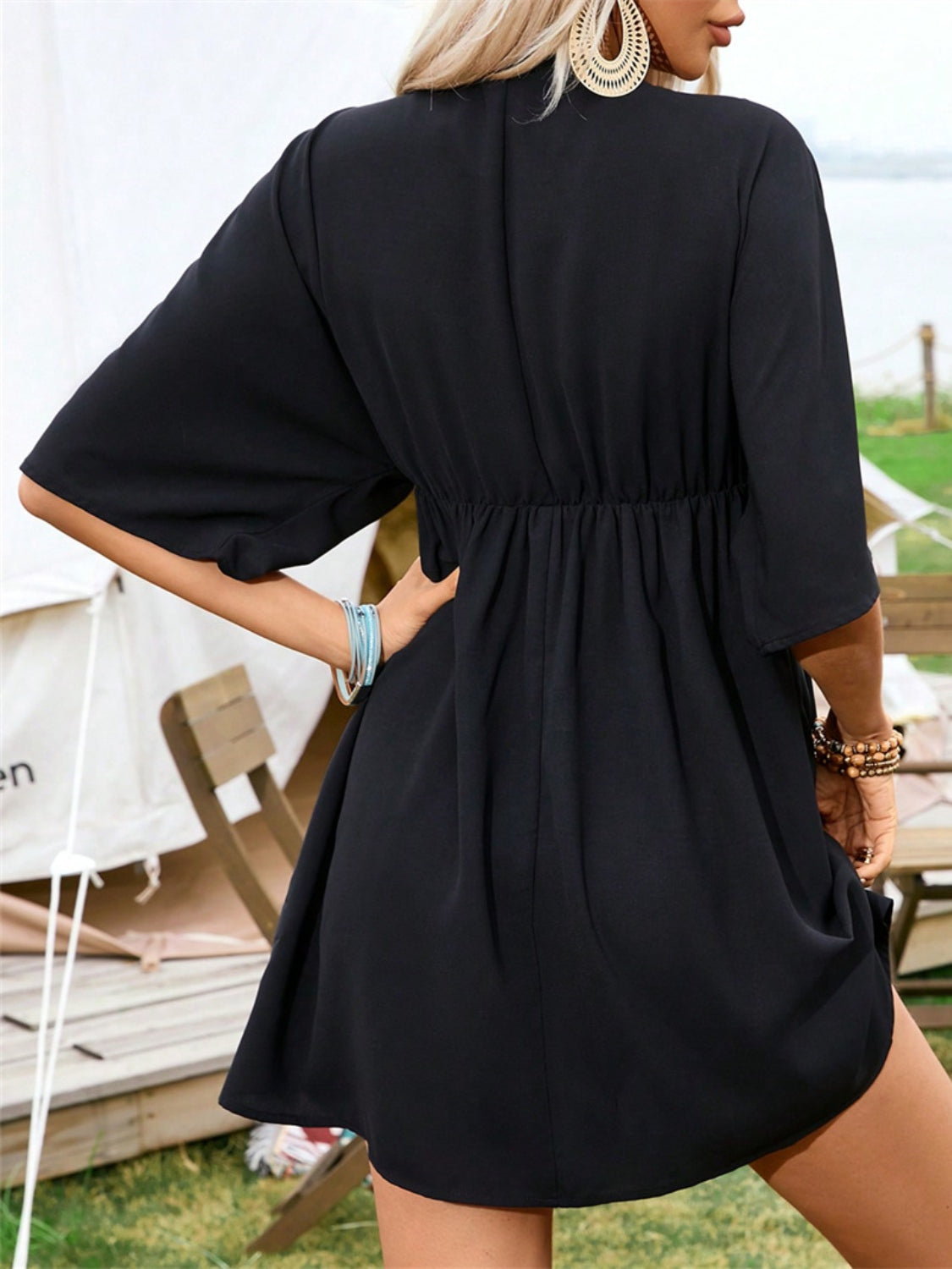 Embroidered Plunge Half Sleeve Mini Dress - Charming Charlie