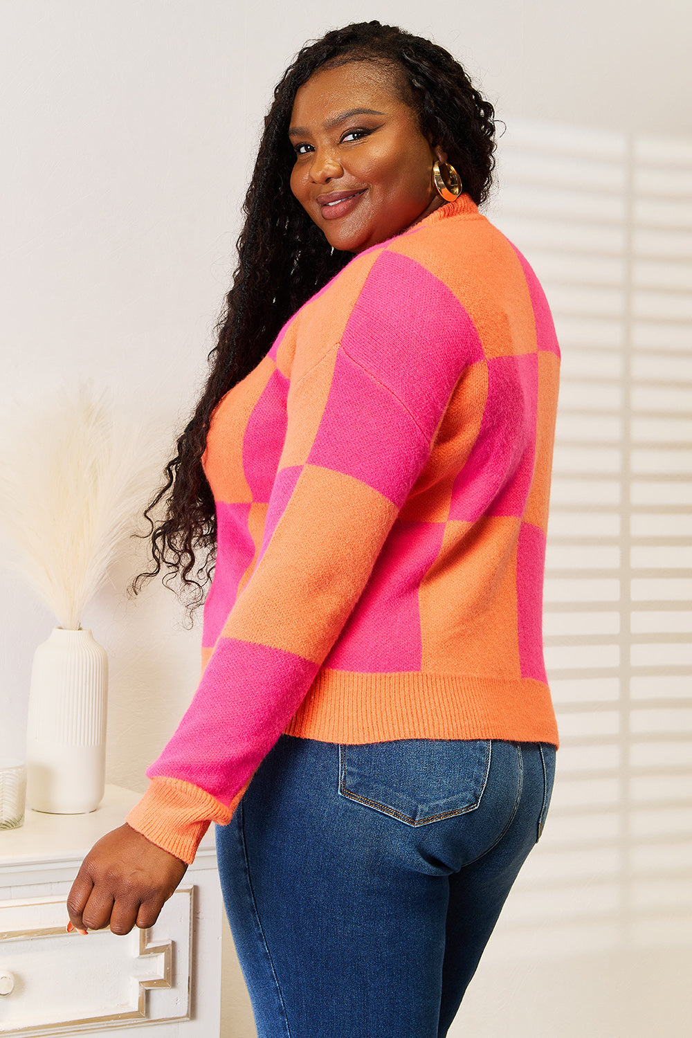 Angel Wings Woven Right Checkered V-Neck Dropped Shoulder Cardigan - Charming Charlie