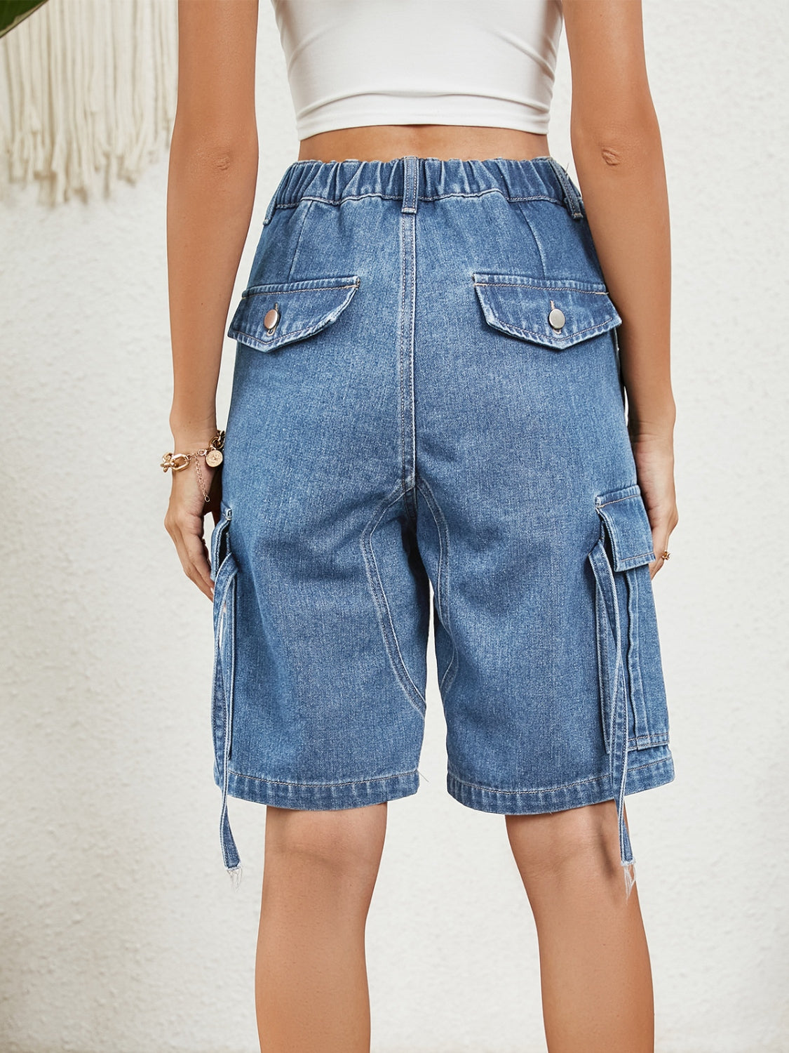 Buttoned Elastic Waist Denim Shorts with Pockets - Charming Charlie