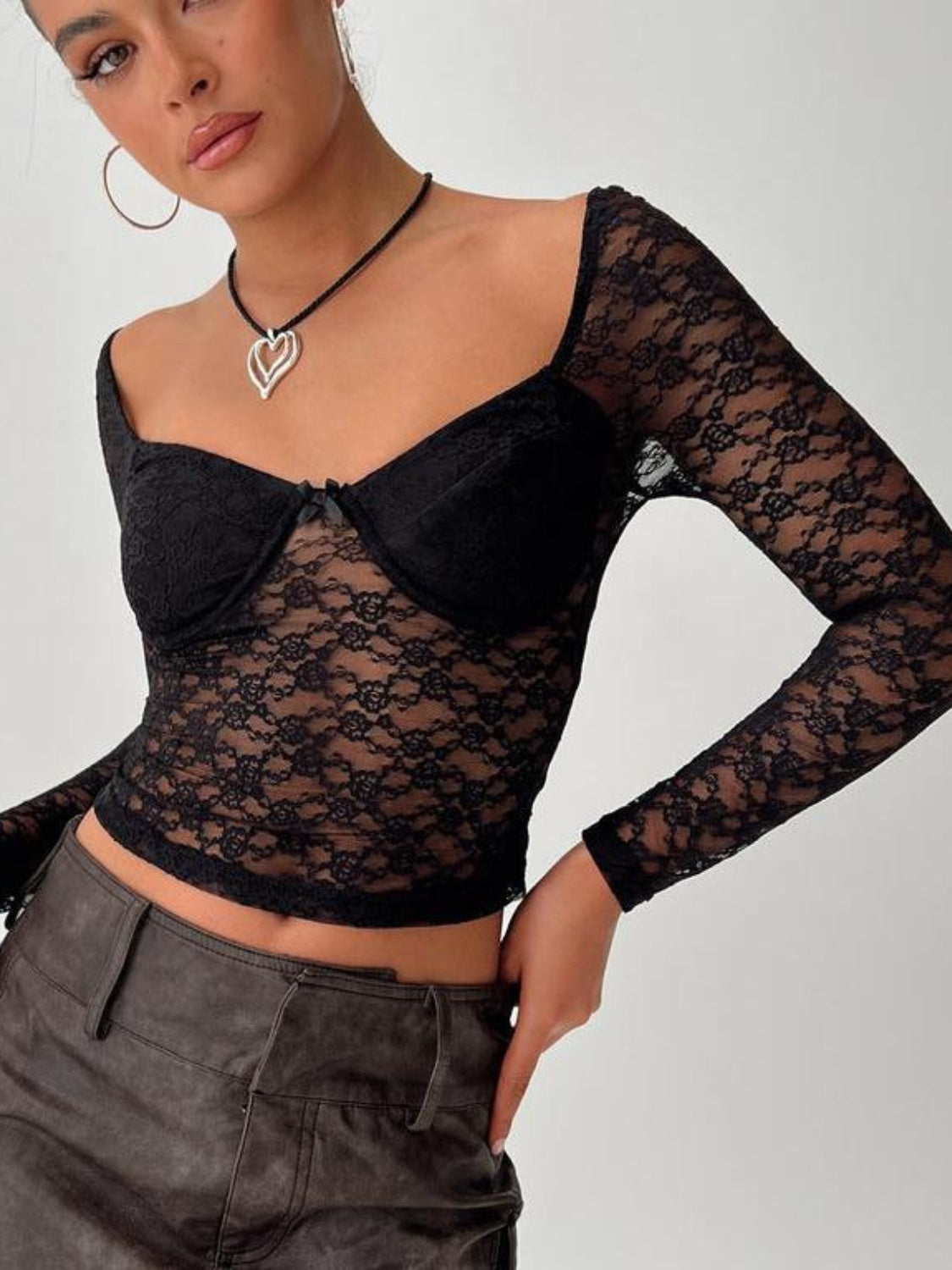 Lace Sweetheart Neck Long Sleeve T-Shirt - Charming Charlie