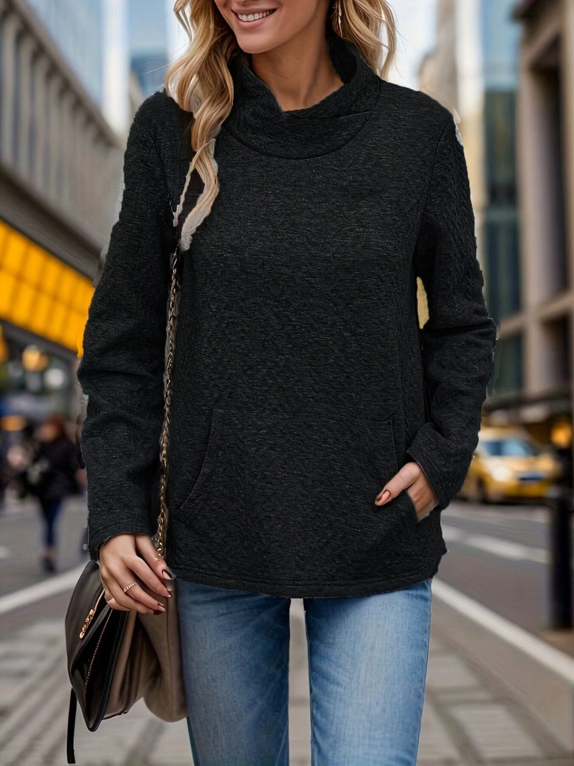 Pocketed Turtleneck Long Sleeve Sweatshirt - Charming Charlie