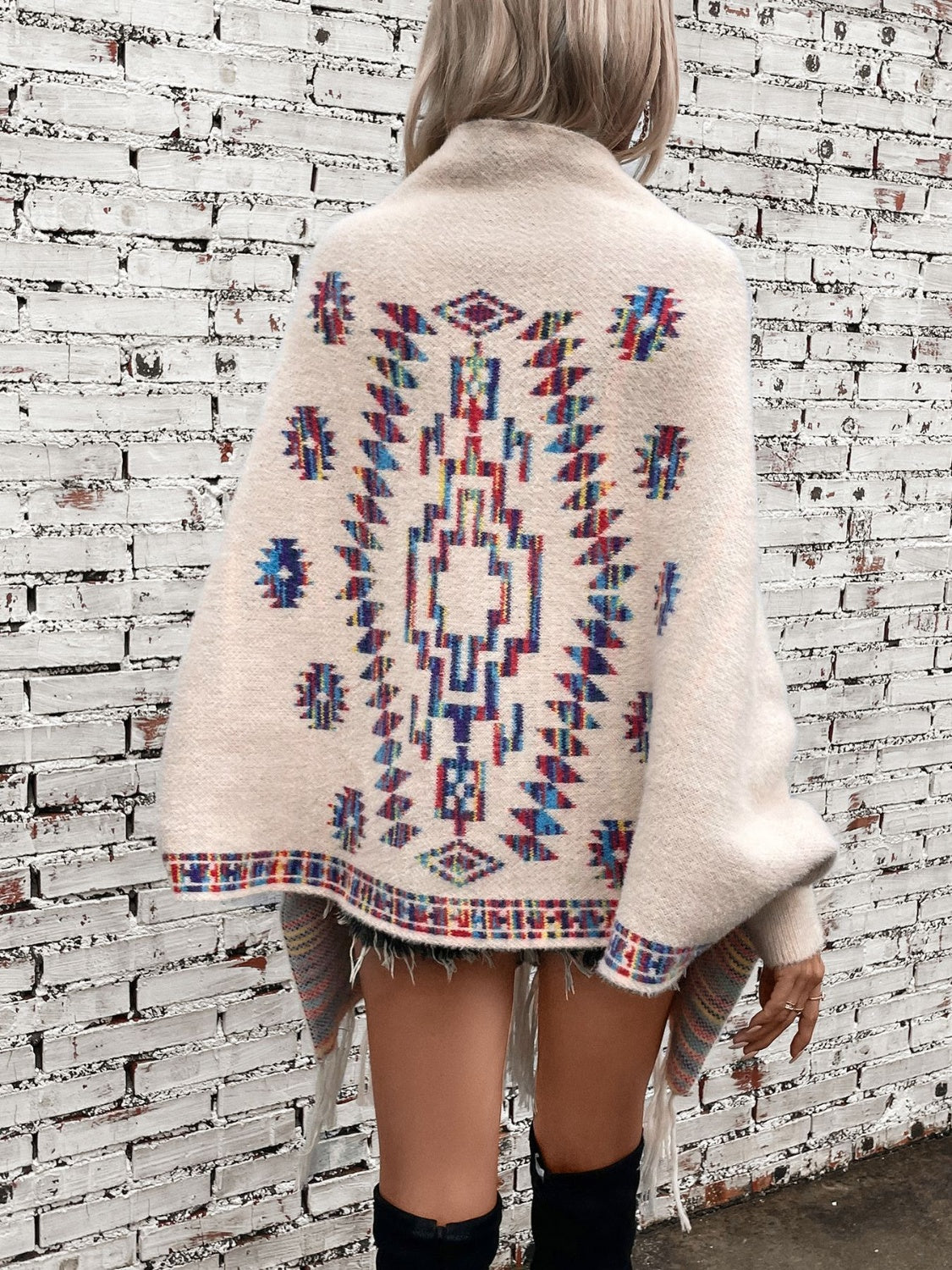 Fringe Geometric Open Front Long Sleeve Cape - Charming Charlie