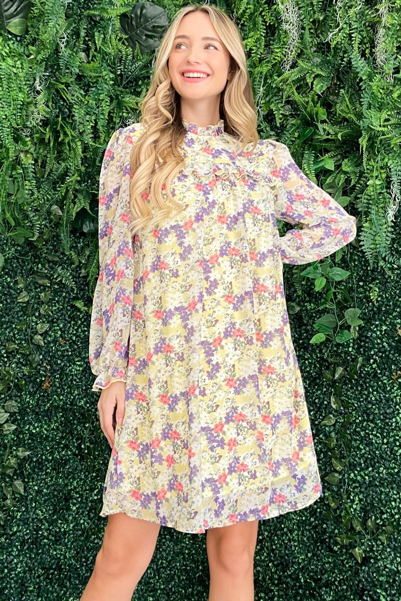 Heart Printed Mock Neck Flounce Sleeve Dress