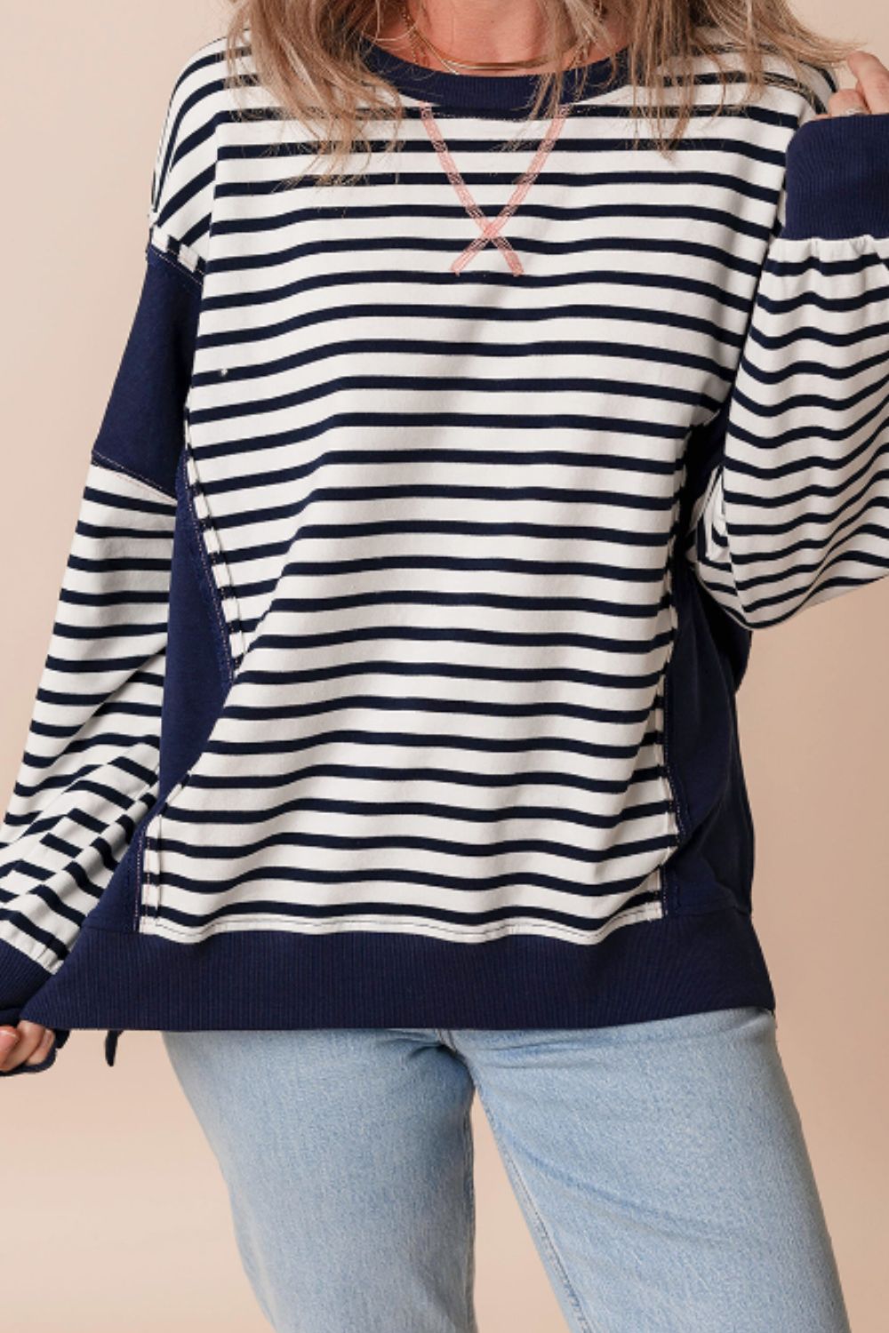 Exposed Seam Striped Long Sleeve Sweatshirt - Charming Charlie