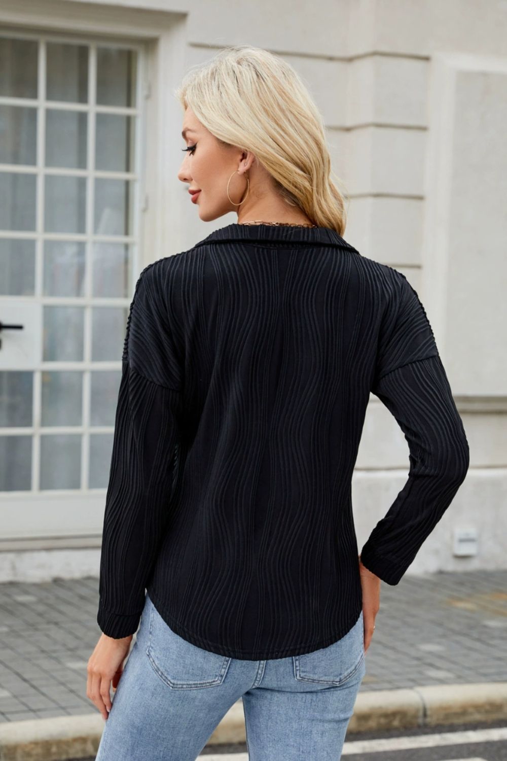 Texture Collared Neck Long Sleeve Blouse - Charming Charlie