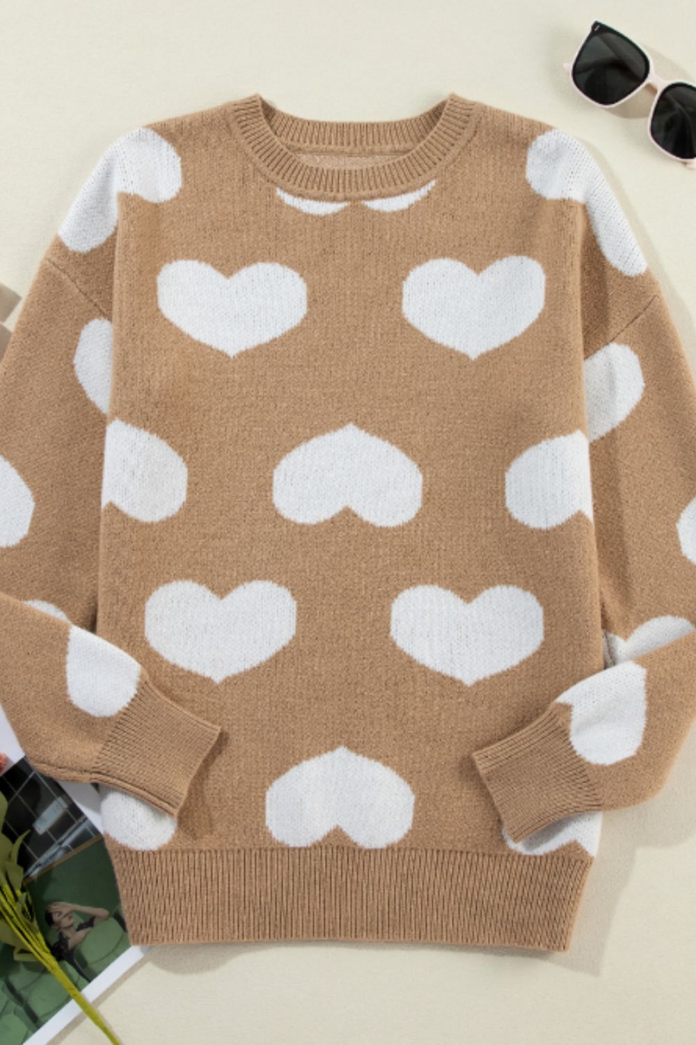 Heart Round Neck Long Sleeve Sweater - Charming Charlie