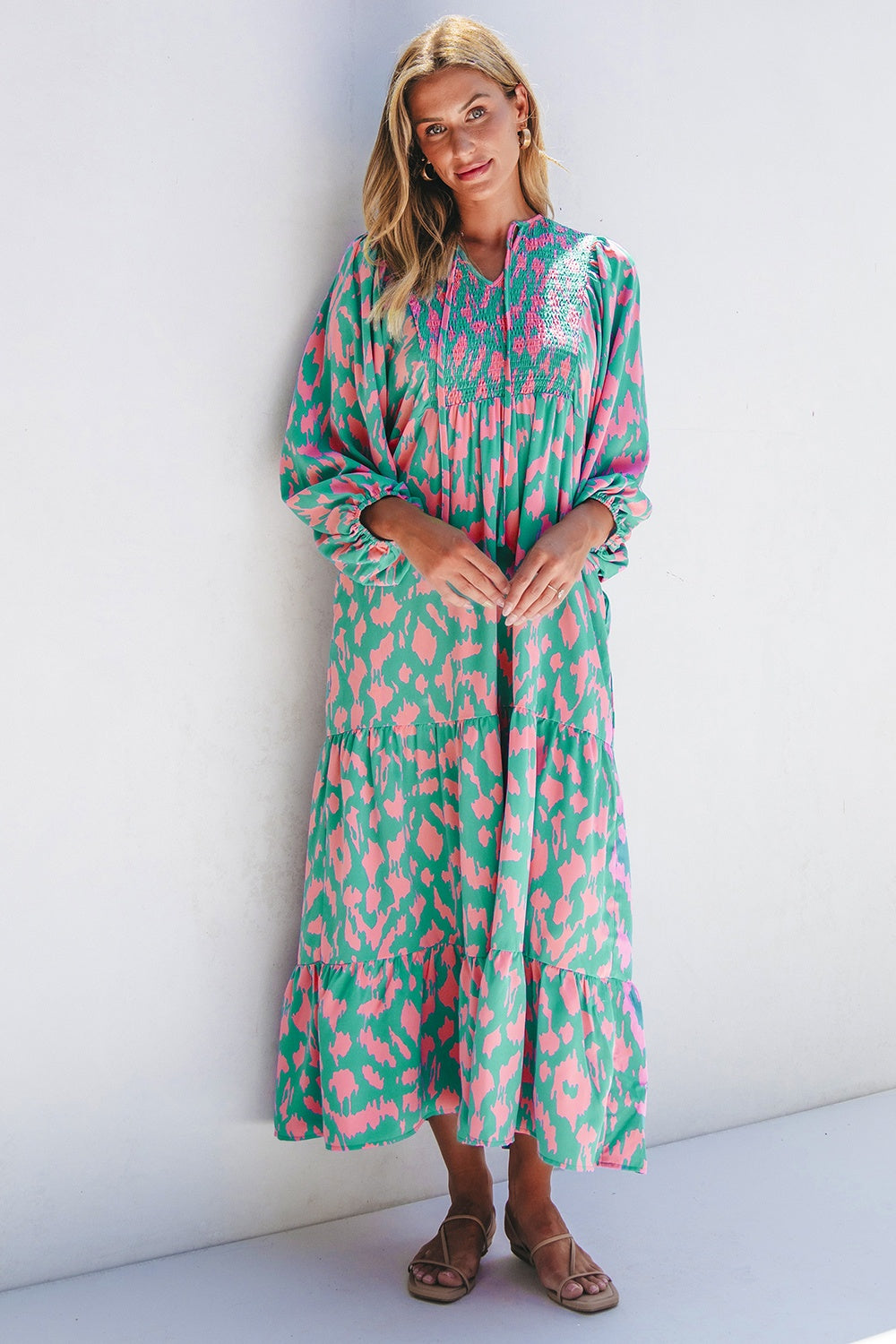 Smocked Printed Tie Neck Long Sleeve Dress - Charming Charlie