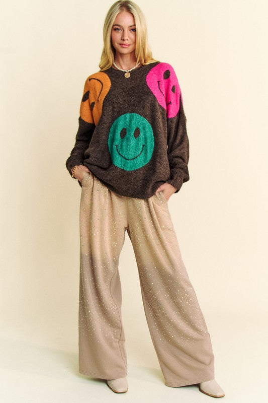 Davi & Dani Contrast Smile Round Neck Oversize Sweater - Charming Charlie