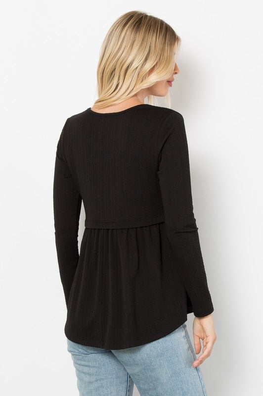 Be Stage Full Size Texture Babydoll Round Neck Long Sleeve Knit Top - Charming Charlie