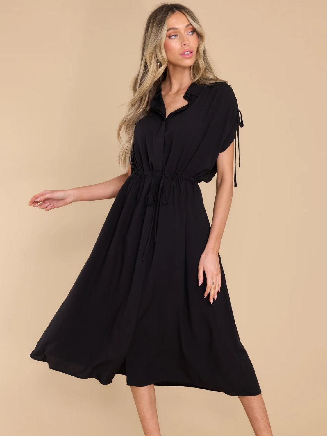 Drawstring Collared Neck Short Sleeve Midi Dress - Charming Charlie