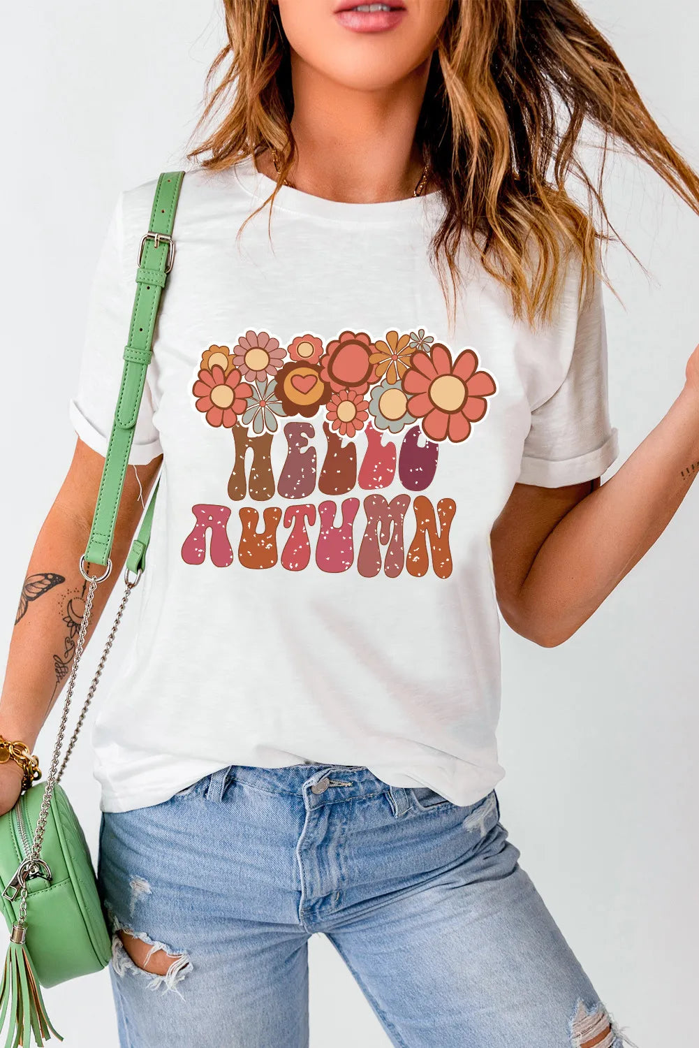 Flower & Letter Graphic Round Neck Short Sleeve T-Shirt - Charming Charlie