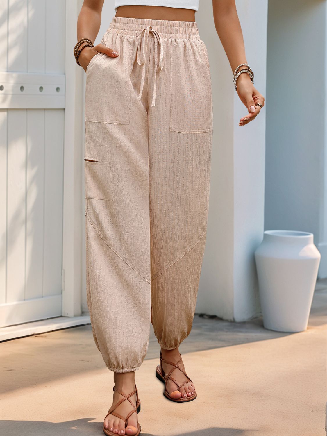Perfee Elastic Waist Joggers with Pockets - Charming Charlie