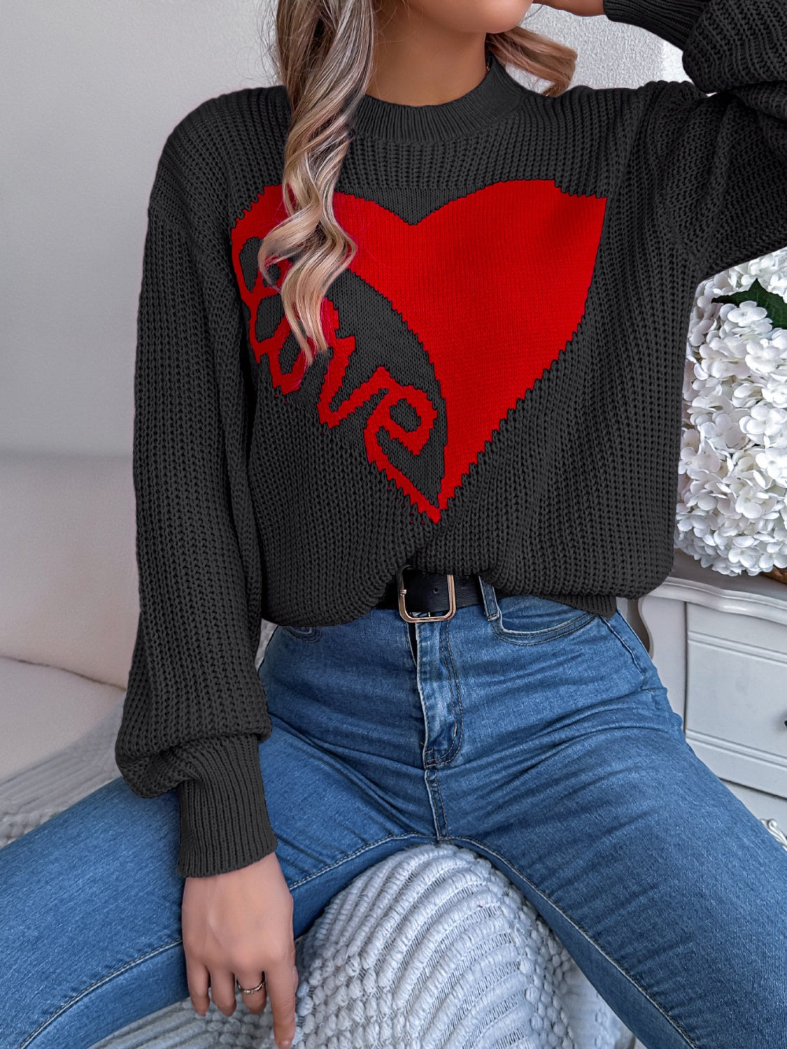 LOVE Heart Round Neck Dropped Shoulder Sweater - Charming Charlie