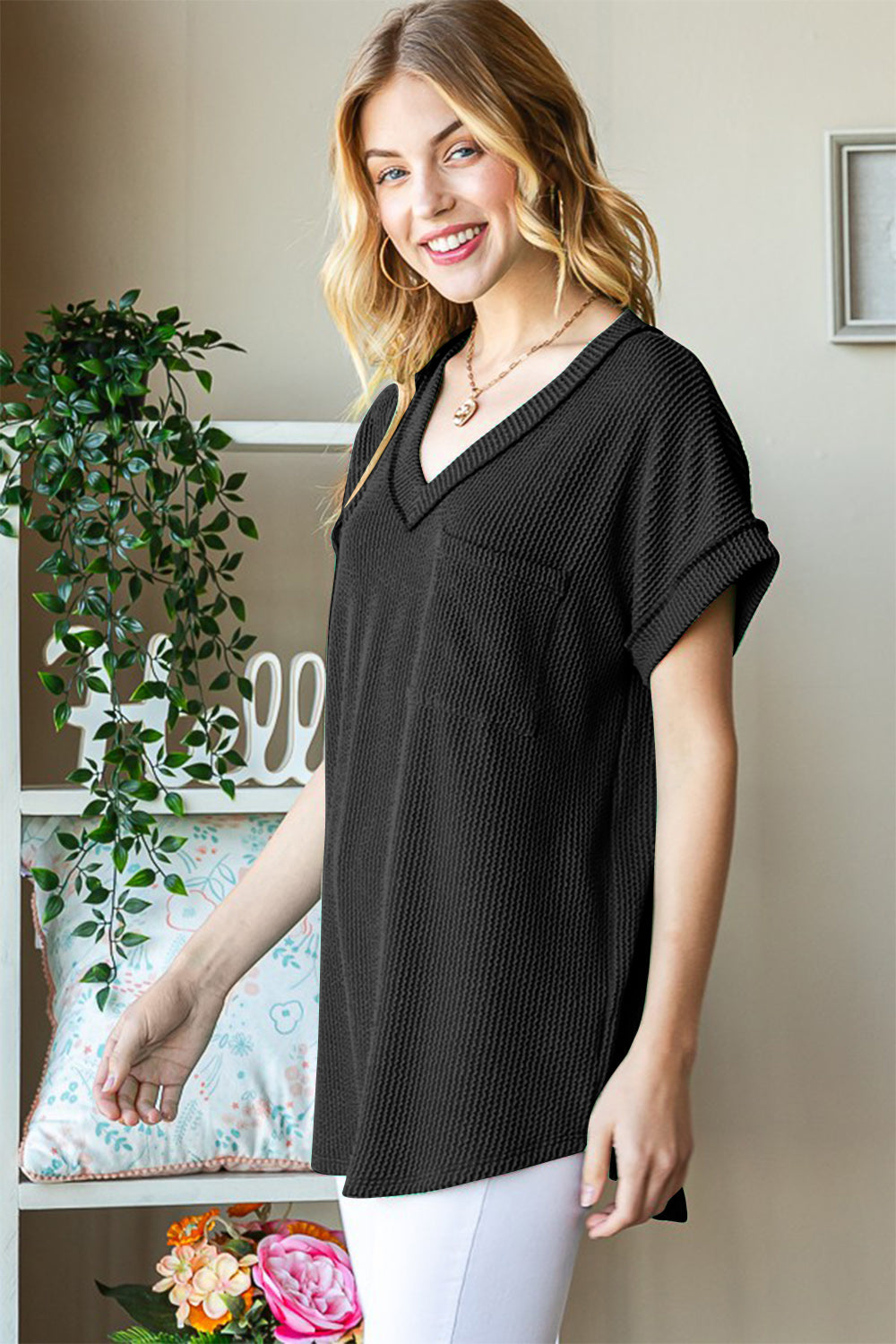 Heimish Full Size Front Pocket Short Sleeve Ribbed Top - Charming Charlie