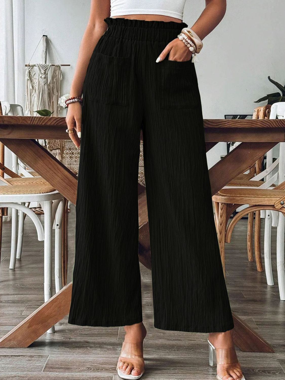 Pocketed Elastic Waist Wide Leg Pants - Charming Charlie