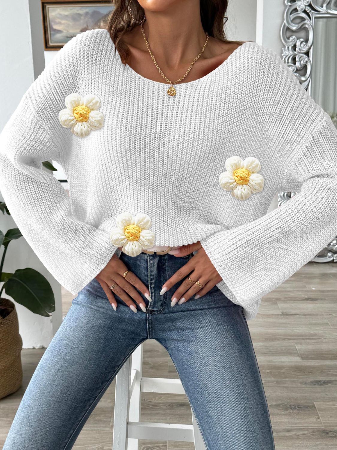 Flower Round Neck Long Sleeve Sweater - Charming Charlie