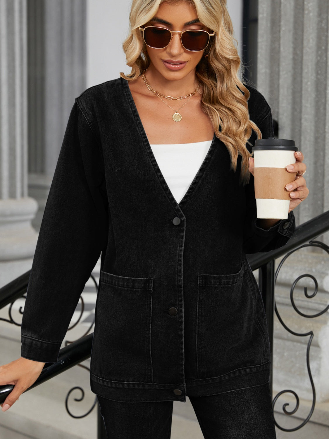 Pocketed V-Neck Button Up Denim Jacket - Charming Charlie