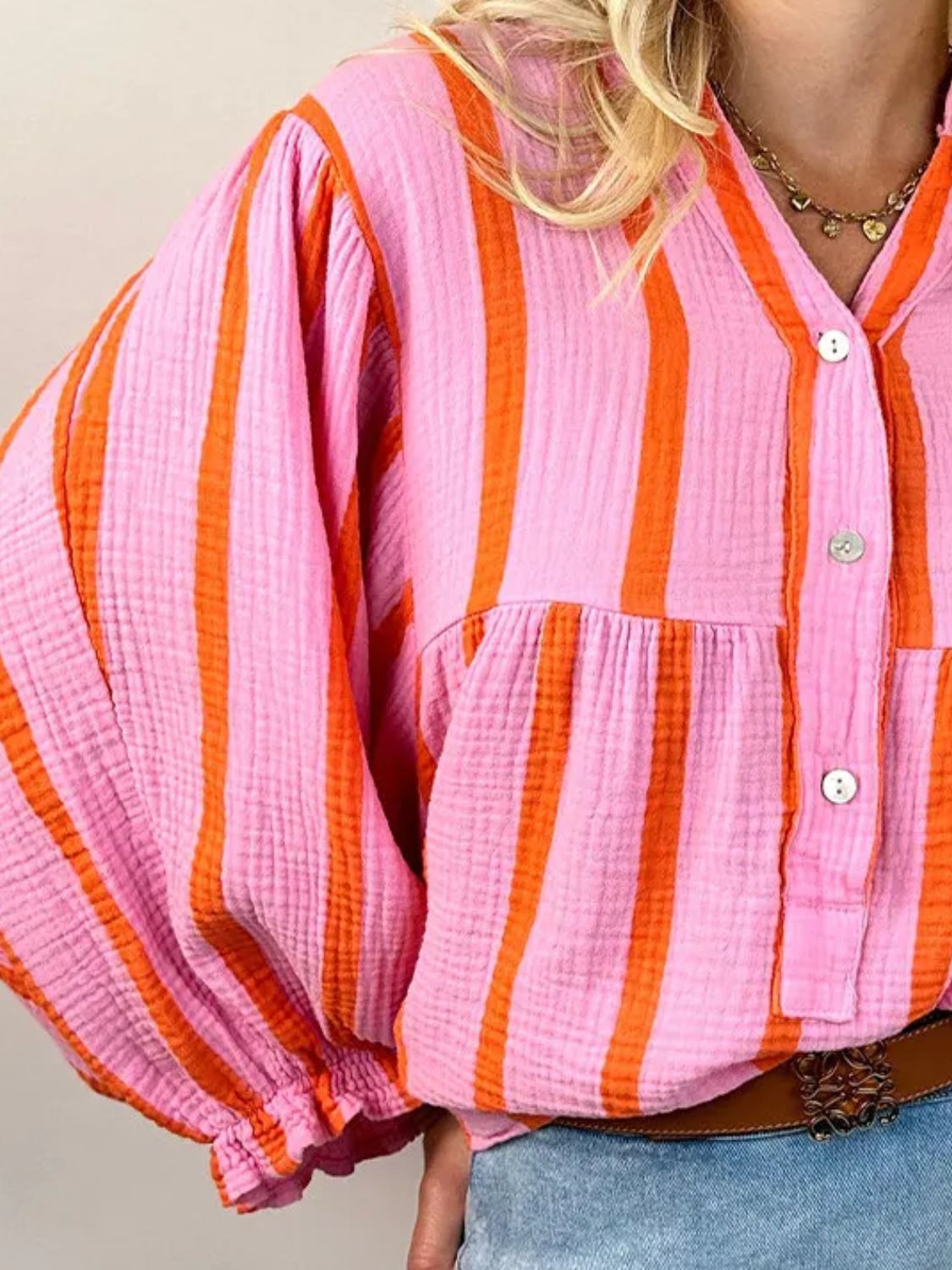 Striped Notched Long Sleeve Blouse - Charming Charlie