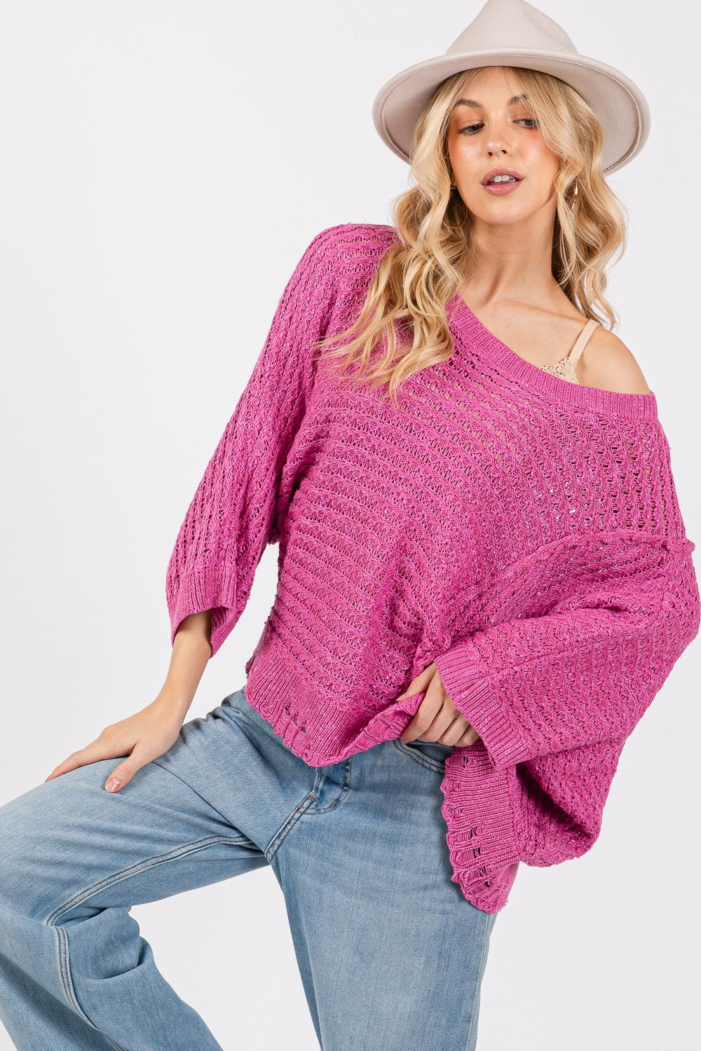 SAGE + FIG Distressed Asymmetrical Open Stitch Sweater - Charming Charlie