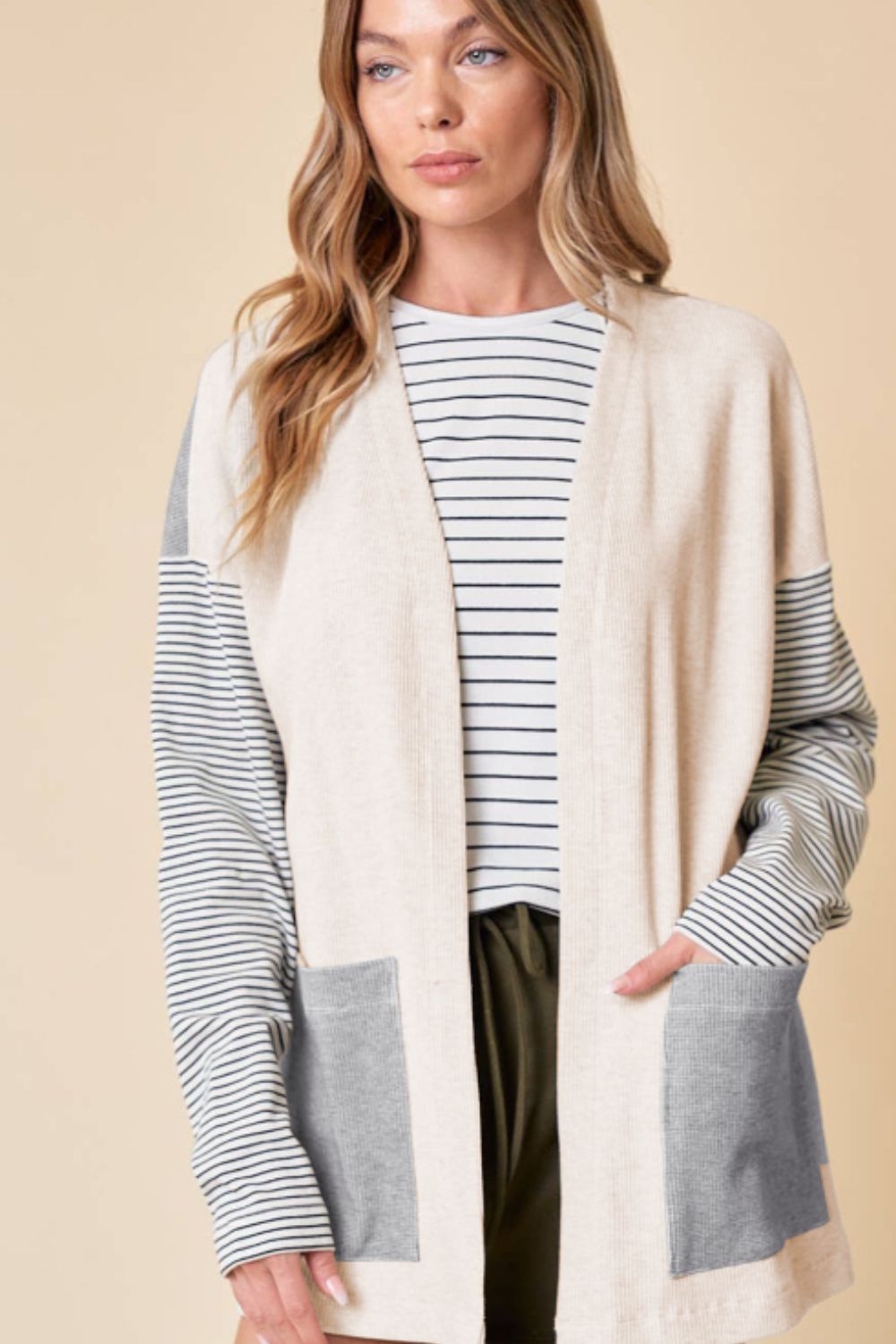 Open Front Long Sleeve Striped Cardigan with Pockets - Charming Charlie