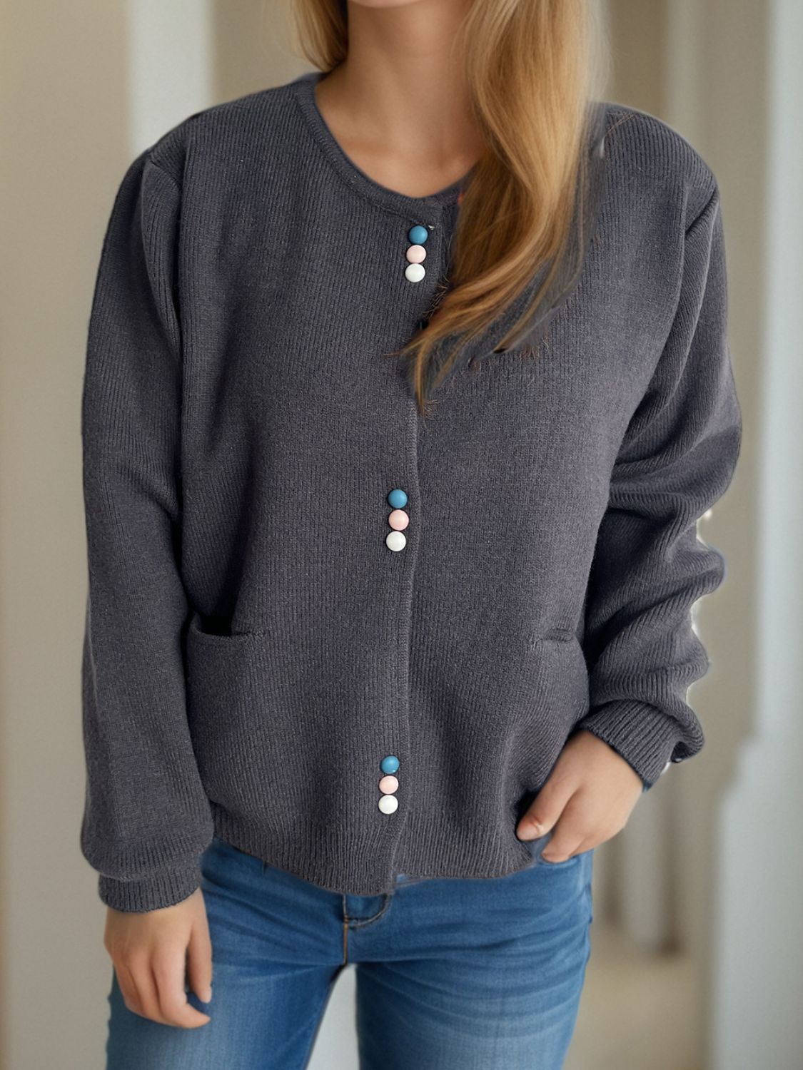 Button Down Long Sleeve Cardigan with Pockets - Charming Charlie