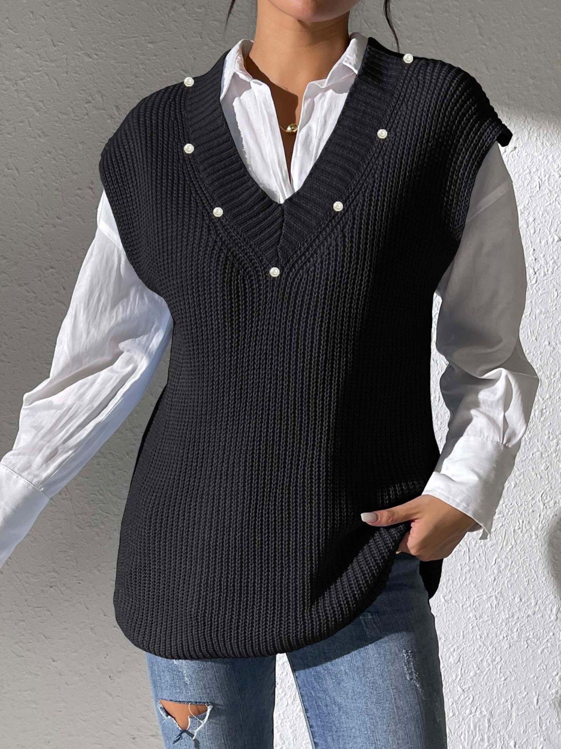 Pearl Trim V-Neck Sweater Vest - Charming Charlie