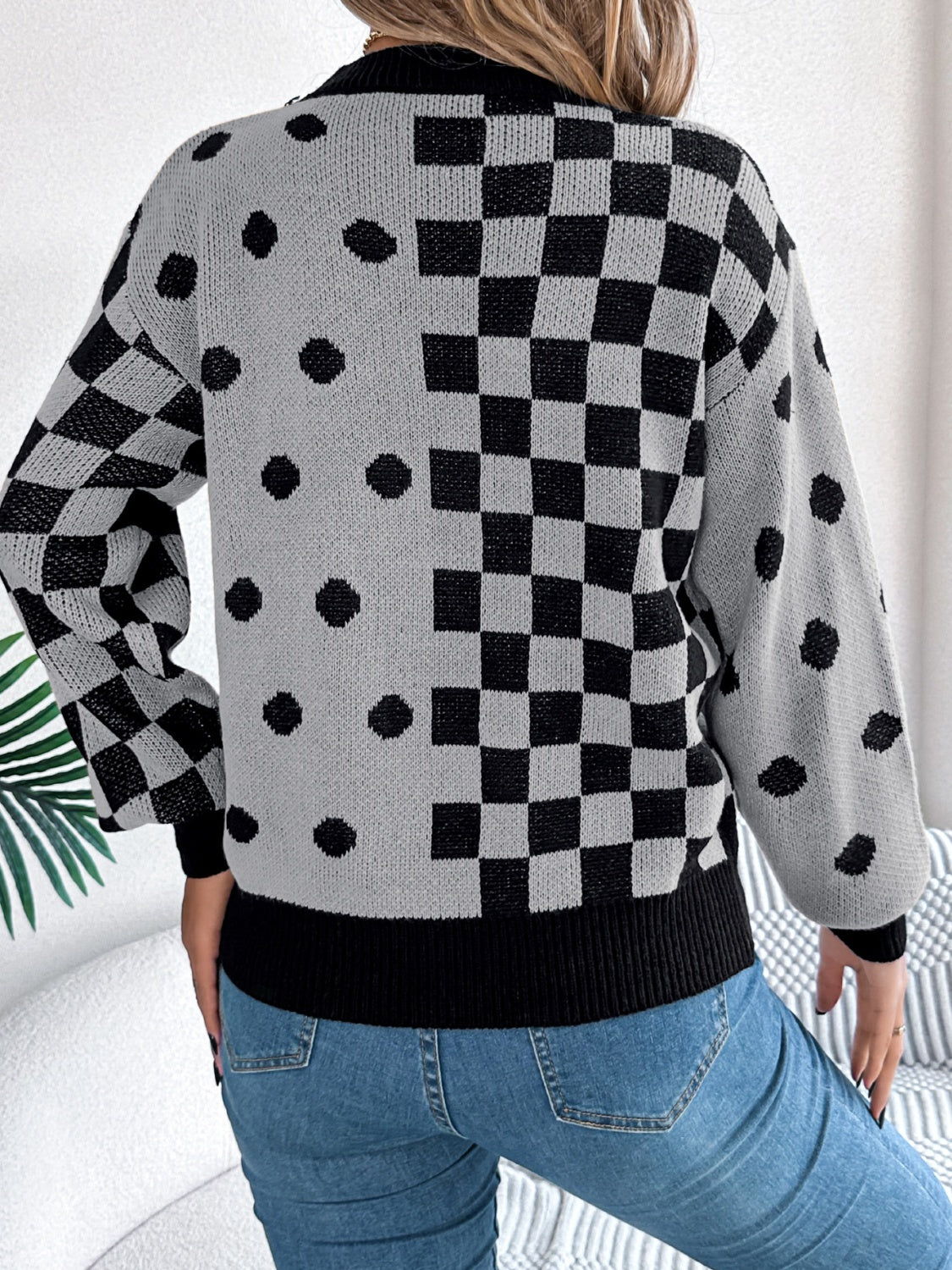 Plaid Round Neck Long Sleeve Sweater - Charming Charlie