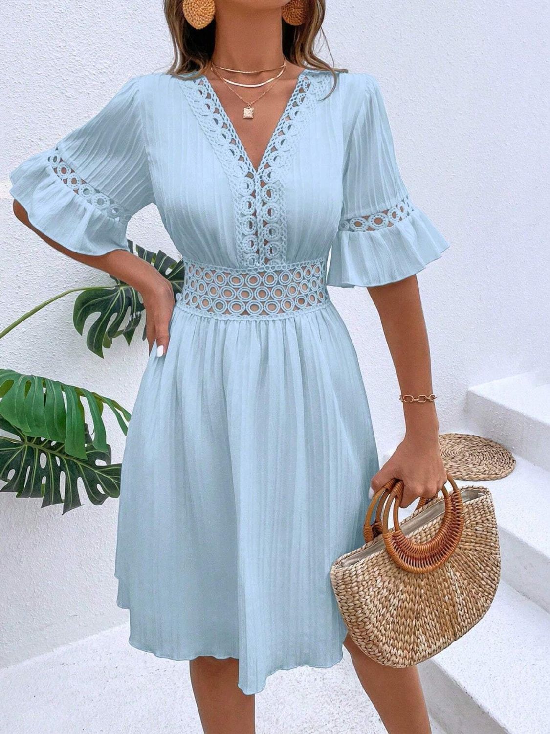Cutout V-Neck Flounce Sleeve Mini Dress - Charming Charlie