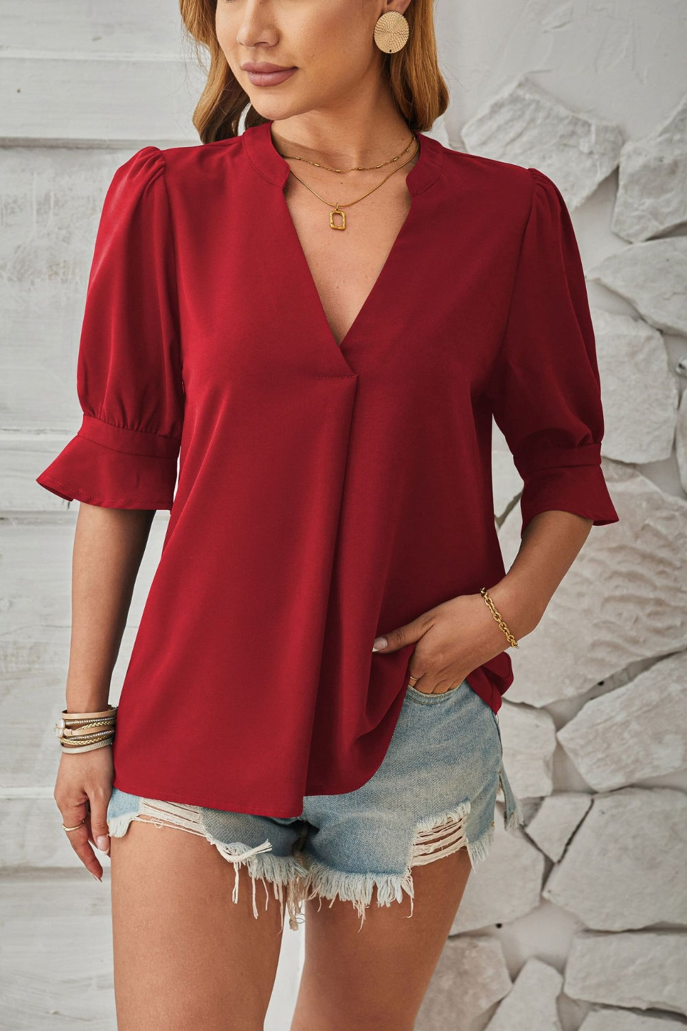 Notched Half Sleeve Blouse - Charming Charlie