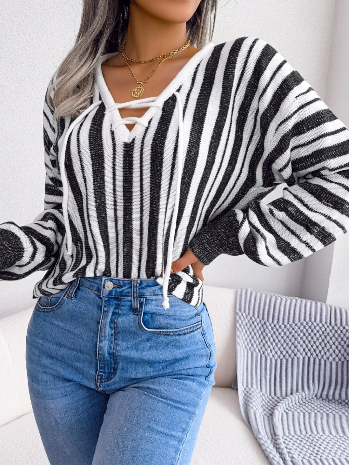 Striped Lace-Up Long Sleeve Sweater - Charming Charlie