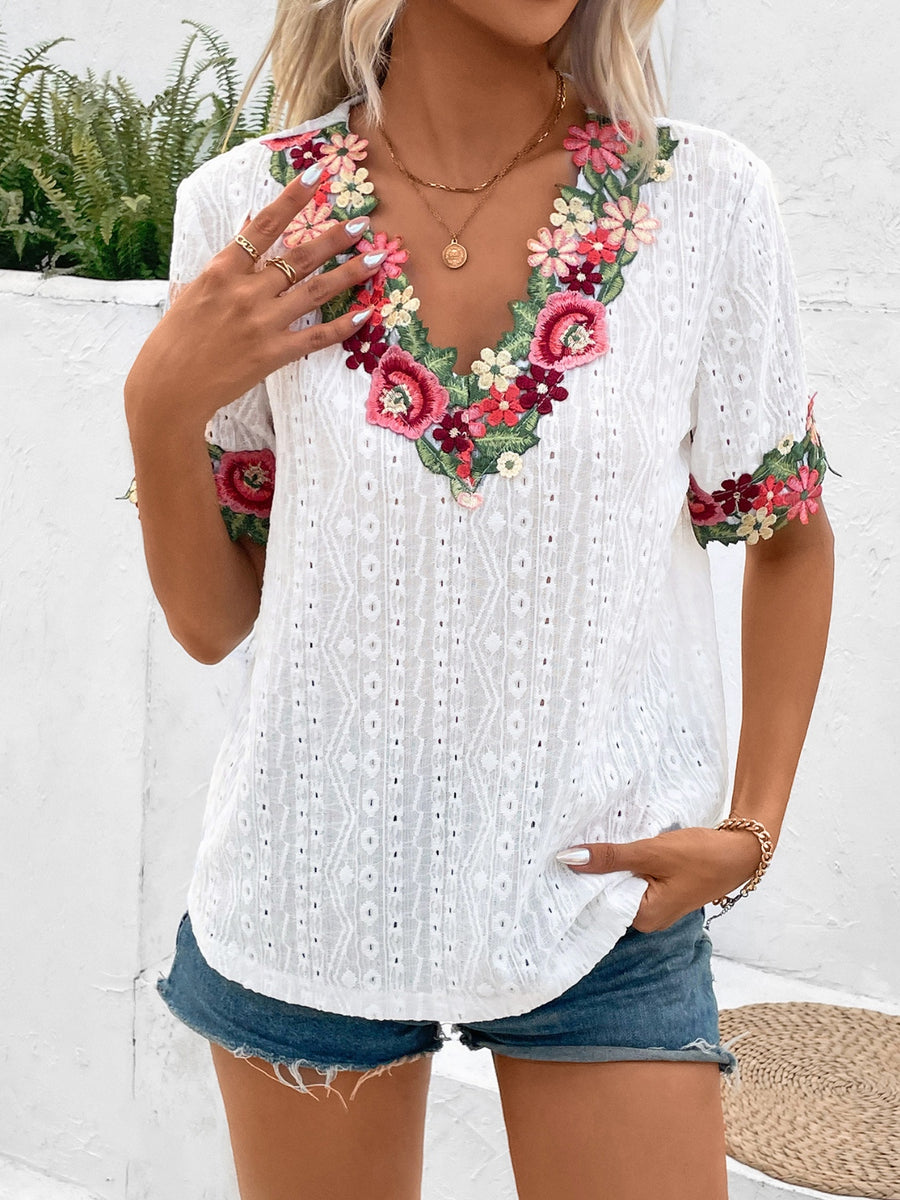 Lace Detail Eyelet V-Neck Short Sleeve Blouse