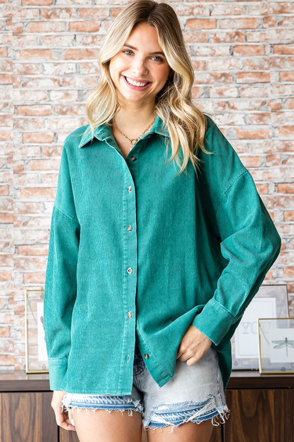 First Love Washed Corduroy Button Down Long Sleeve Shirt - Charming Charlie