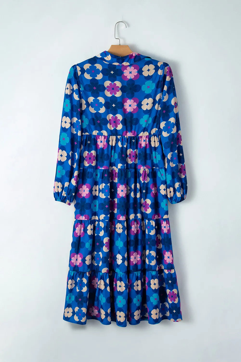 Printed Collared Neck Long Sleeve Midi Dress - Charming Charlie