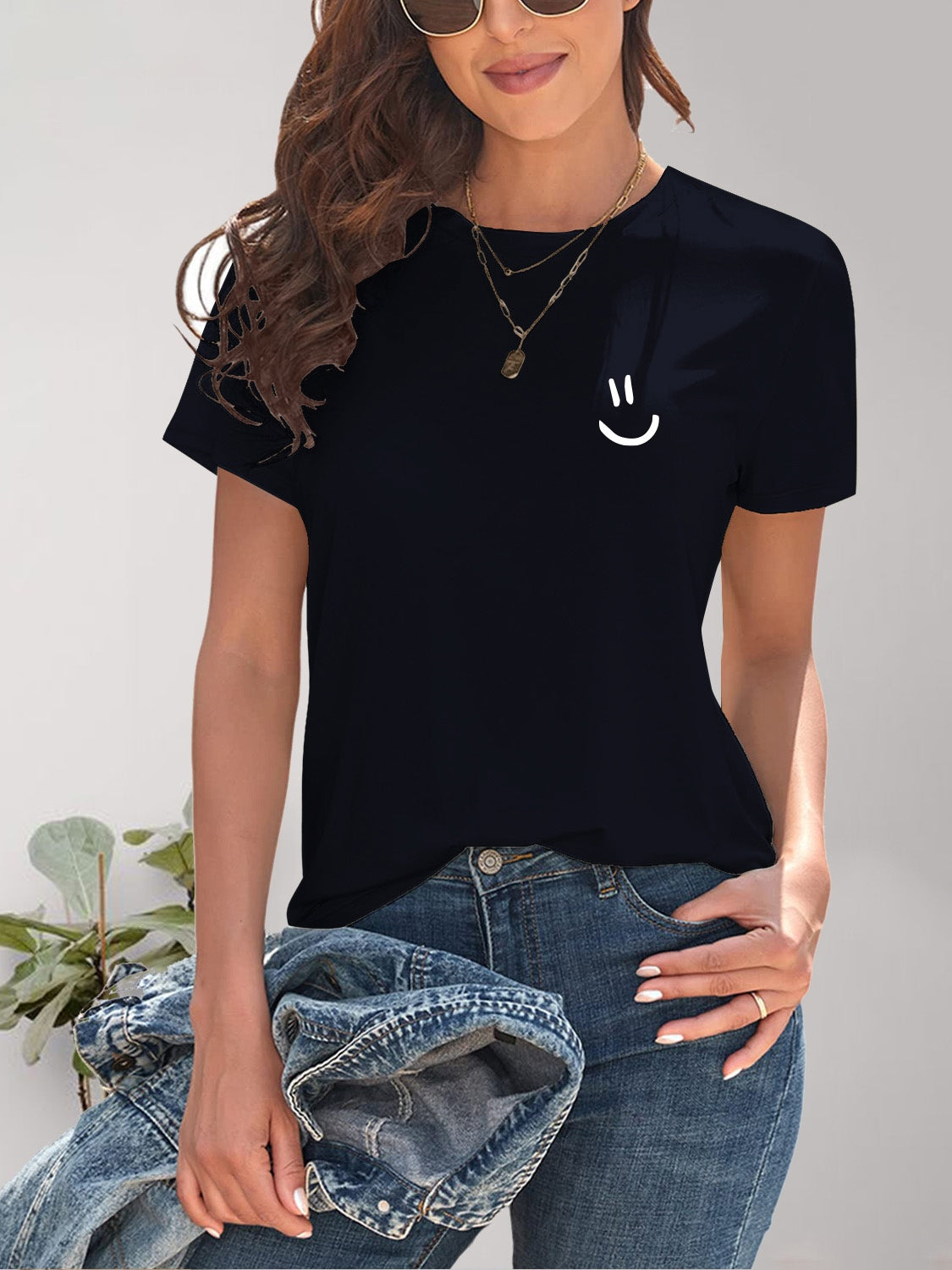 Smile Graphic Round Neck Short Sleeve T-Shirt - Charming Charlie