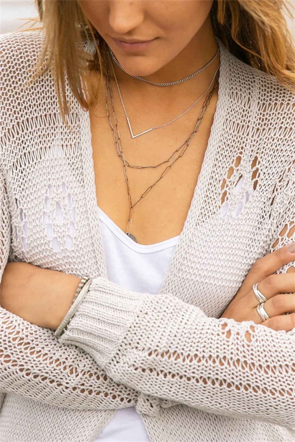 Openwork Side Slit Open Front Long Sleeve Cardigan - Charming Charlie