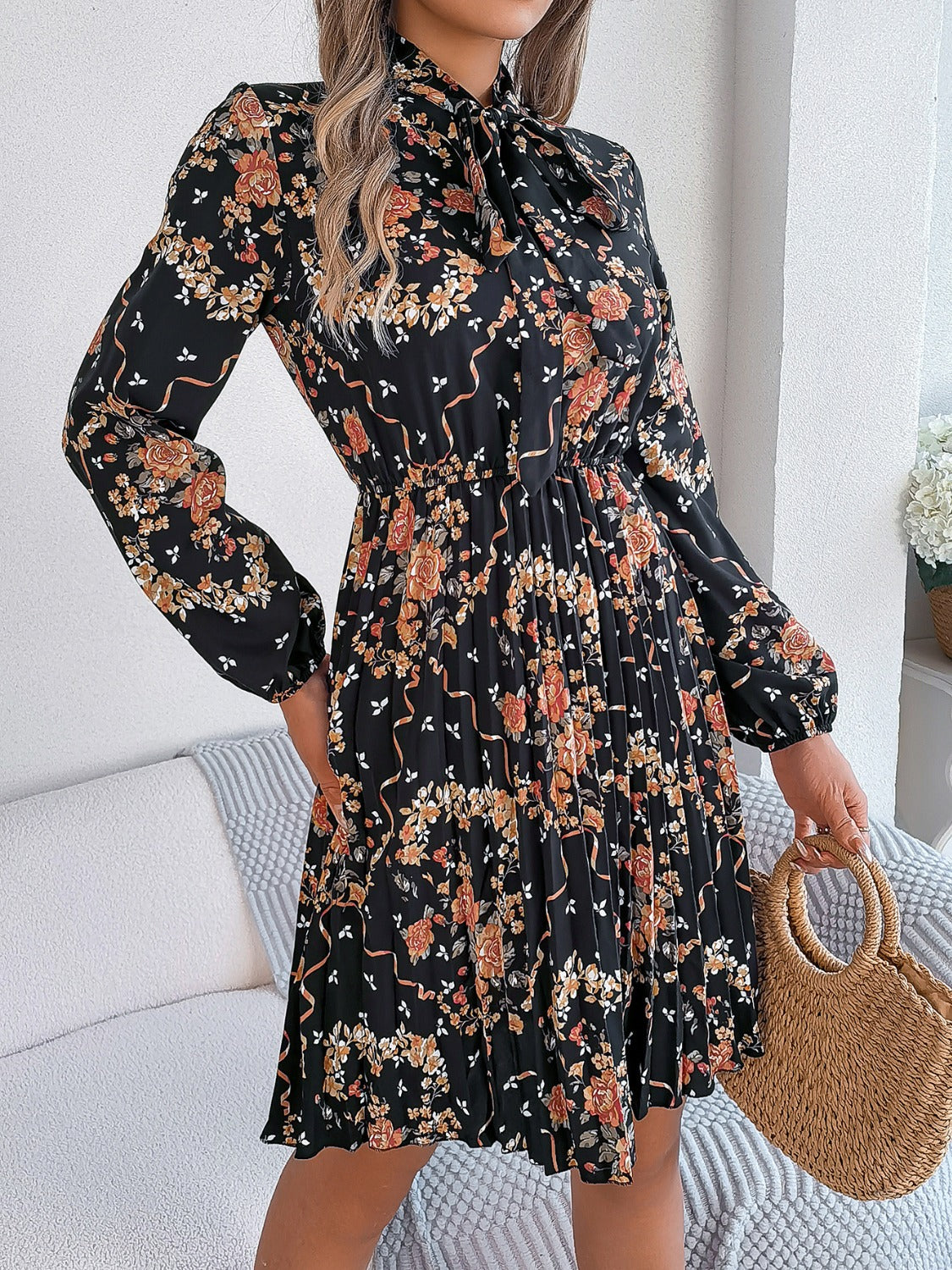 Pleated Printed Tie Neck Long Sleeve Dress - Charming Charlie